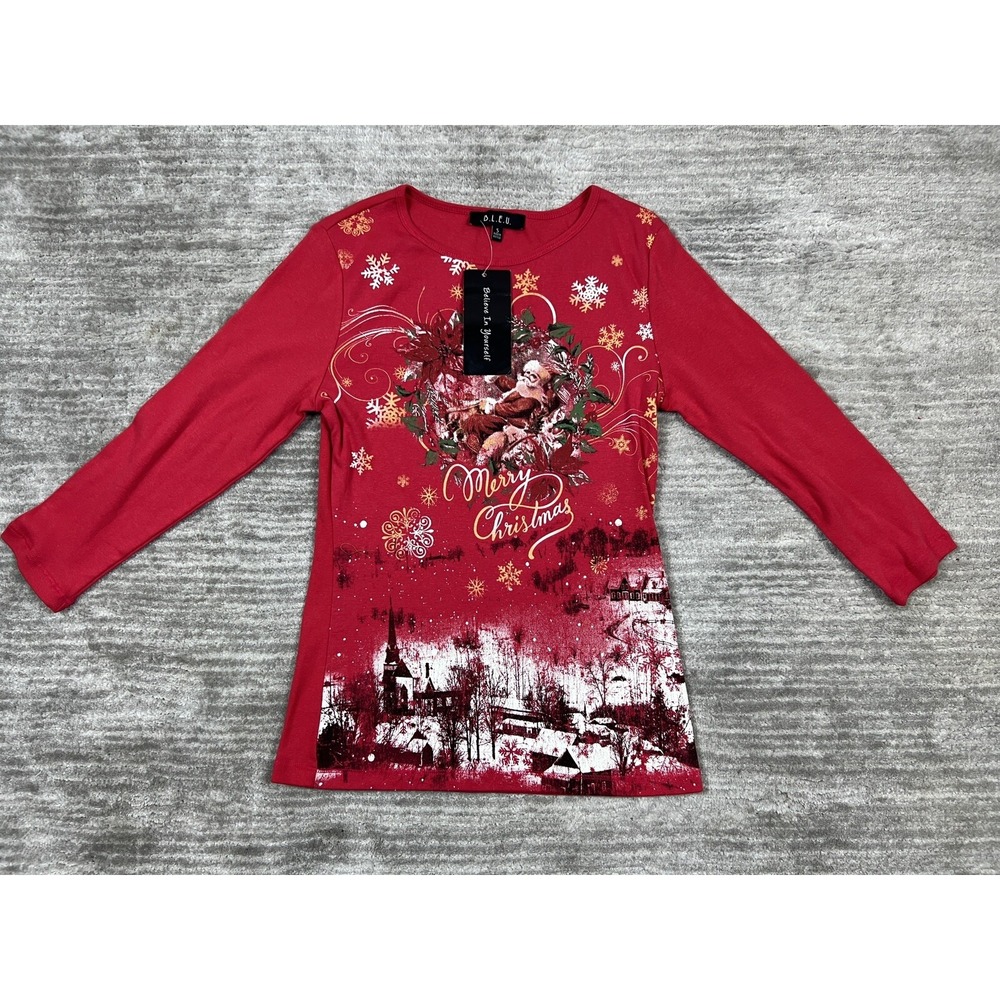 B.L.E.U. Christmas Top Women Small Red Santa‎ Graphic Long Sleeve M16198 Cotton